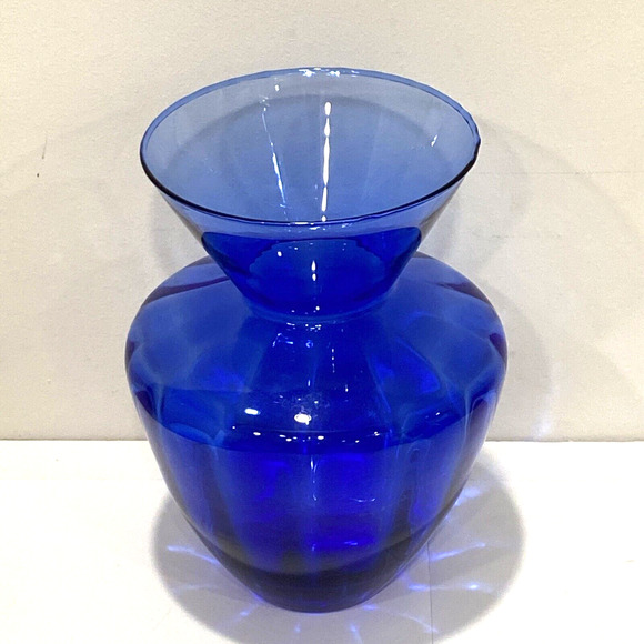 Cobalt blue art glass vase optic angular wide rim cottage farmhouse decorative - Picture 1 of 9